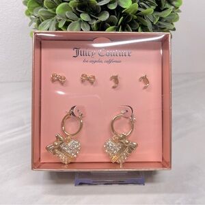 NEW Juicy Couture Small Hoop Dangle Gold Rhinestone‎ Heart Earrings Set